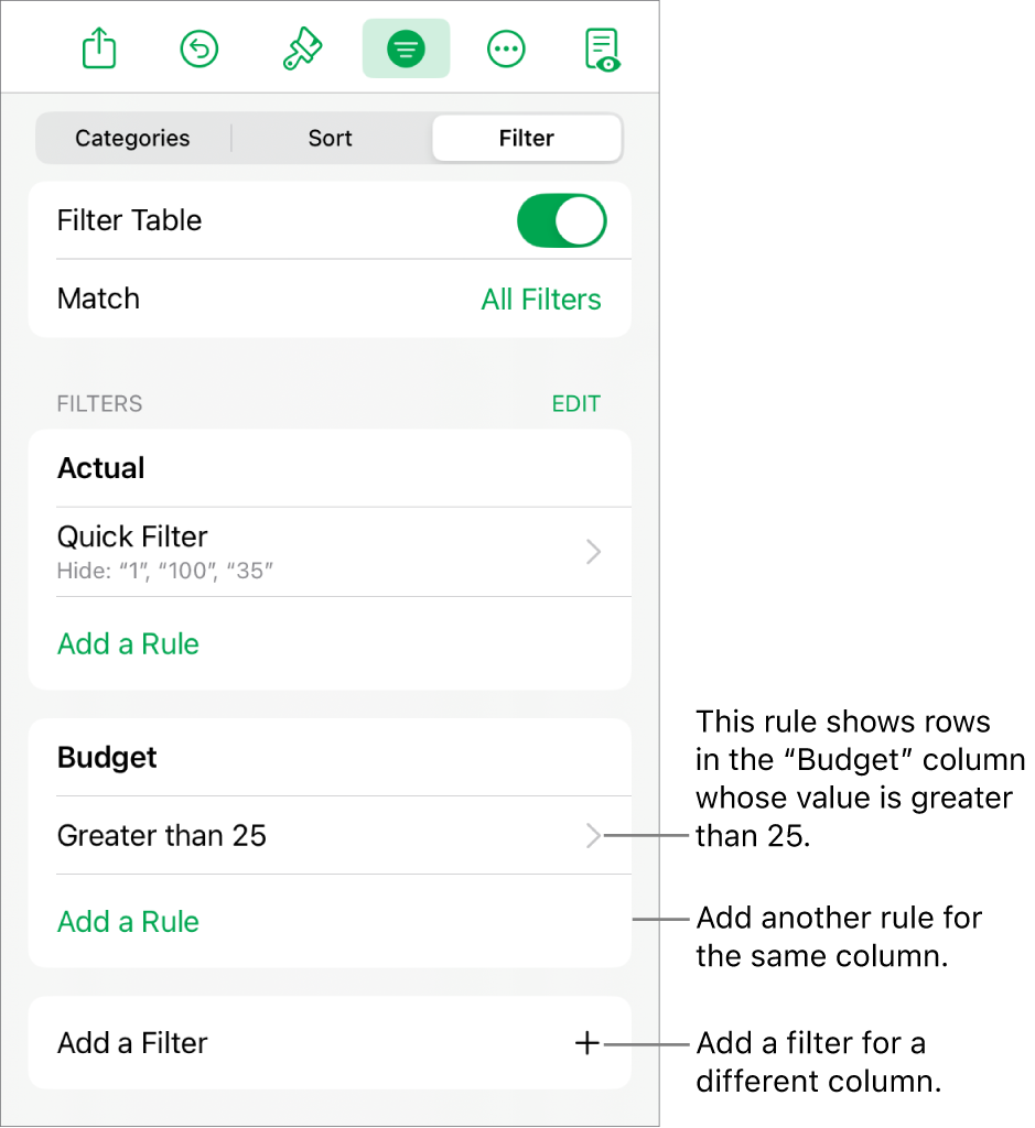 Controls for adding new filtering rules or editing existing ones.