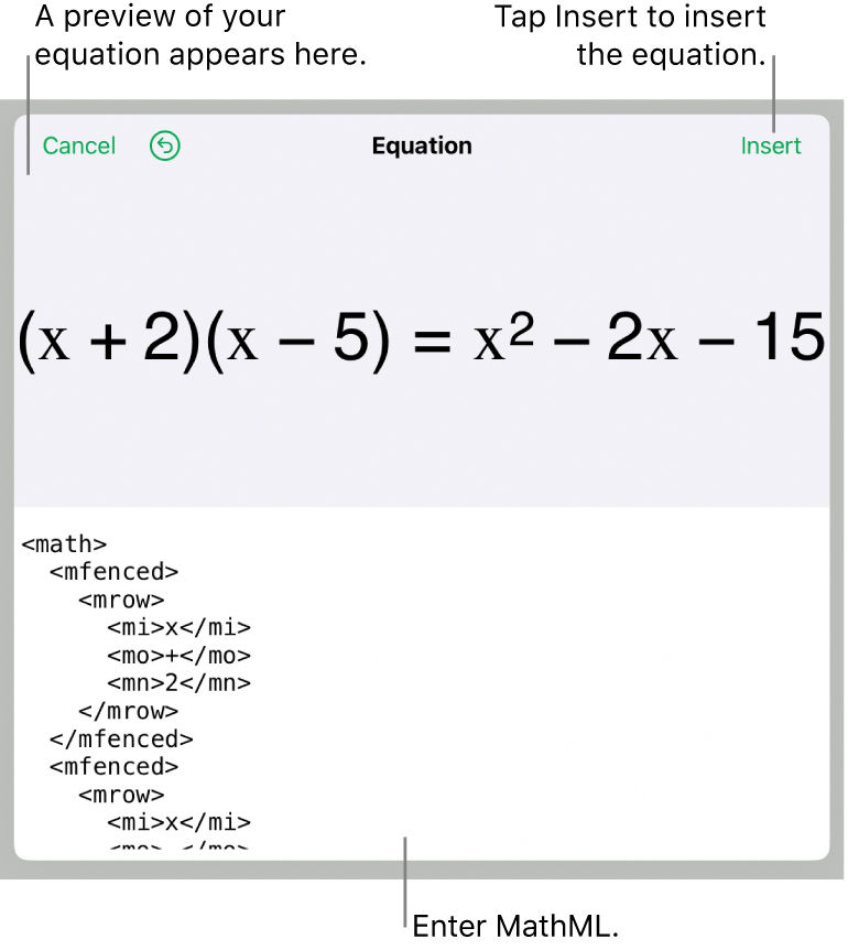 The Equation dialogue, showing an equation written using MathML commands, and a preview of the formula above.