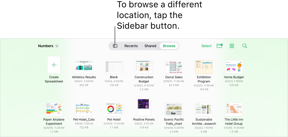 The browse view of the spreadsheet manager with the Sidebar button in the top-left corner. At the top right are the Add button, the New Folder button, the Icons button (to sort by name, date, size, or tag), the Select button, and the Search button.