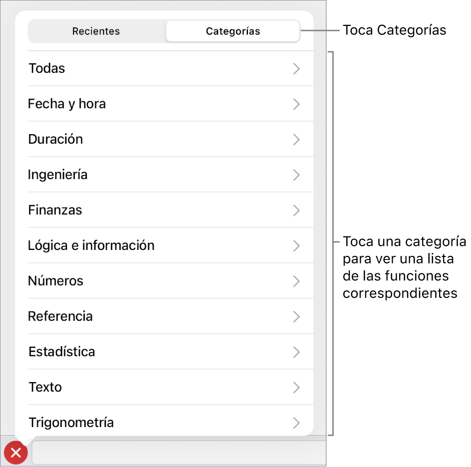 El explorador de funciones con el botón Categorías seleccionado y la lista de categorías debajo.