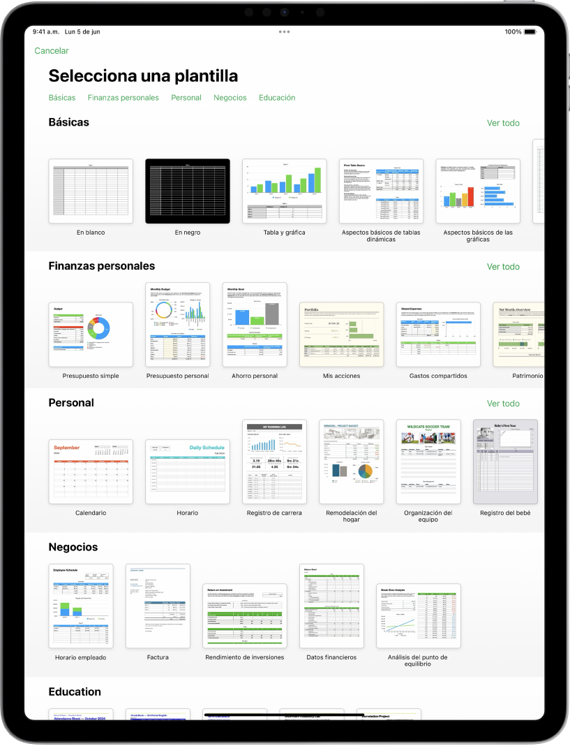 El selector de plantilla muestra una fila de categorías a lo largo de la parte superior en las que puedes tocar para filtrar las opciones. En la parte inferior, organizadas en filas por categoría, aparecen miniaturas de las plantillas prediseñadas, comenzando con la categoría Recientes en la parte superior, seguida por las categorías Básicas y Finanzas personales. En la parte superior derecha de cada fila de categoría aparece un botón Ver todo. El botón Idioma y región se encuentra en la esquina superior derecha.