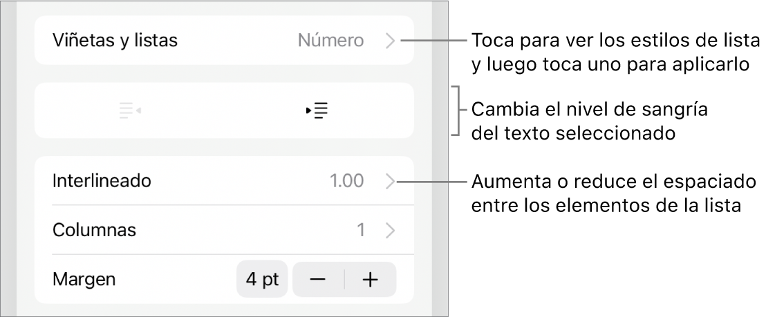 La sección Viñetas y listas de los controles de formato con texto que señala la sección Viñetas y listas, los botones de las sangría derecha o izquierda y controles de interlineado.