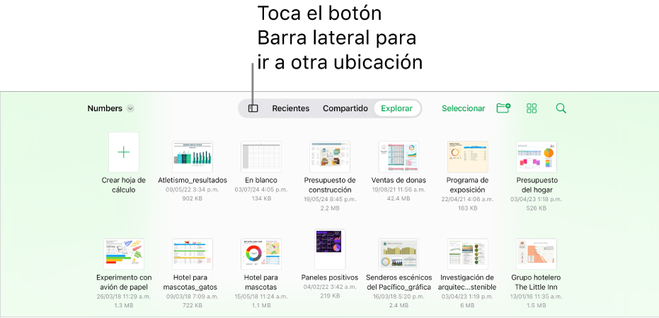 La vista de exploración del administrador de hojas de cálculo con un enlace de ubicación en la esquina superior izquierda y debajo de ella un campo de búsqueda. En la esquina superior derecha se encuentra el botón Agregar hoja de cálculo; el botón Nueva carpeta; un menú desplegable para usar la vista por lista o ícono, y para filtrar por nombre, fecha, tamaño, tipo y etiqueta; así como el botón Seleccionar. Debajo hay miniaturas de las hojas de cálculo existentes.