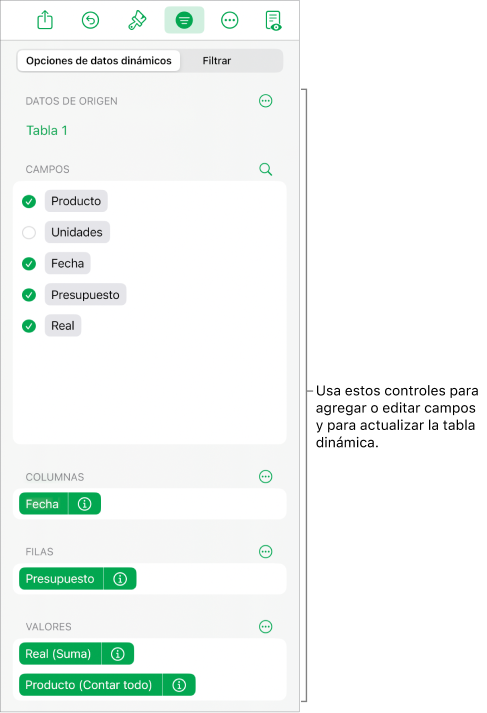 El menú Opciones de datos dinámicos mostrando los campos de las secciones Columnas, Filas y Valores, así como los controles para editar los campos.