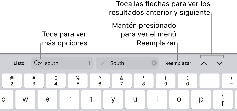 Los controles Buscar y Reemplazar arriba del teclado con mensajes en los botones Opciones de Búsqueda, Reemplazar, Subir y Bajar.
