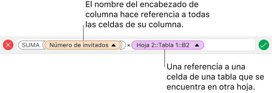 El editor de fórmulas con una fórmula que hace referencia a una columna de una tabla y una celda de otra tabla.