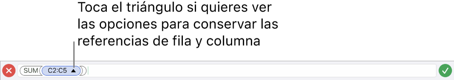 Editor de fórmulas indicando cómo conservar las referencias a filas y columnas cuando se copia o mueve la celda.