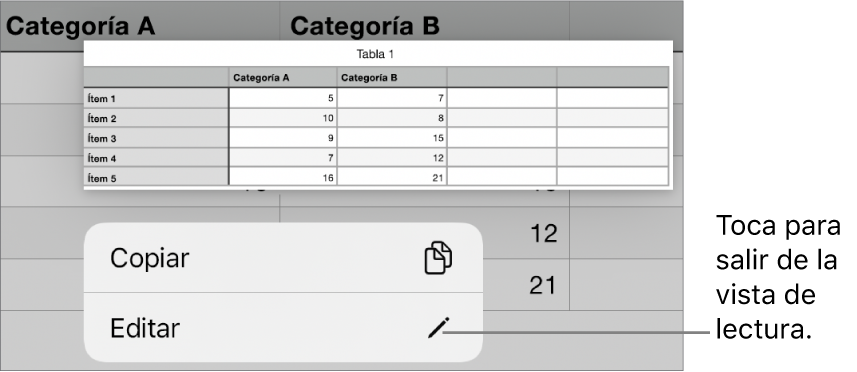 Hay seleccionada una celda de tabla y por encima de ella aparece un menú contextual con botones Copiar y Editar.