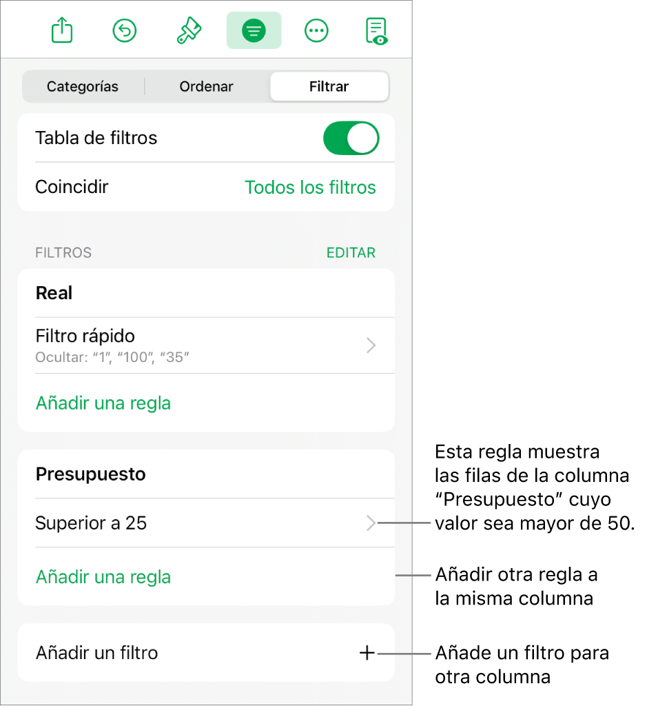 Controles para añadir reglas de filtro nuevas o editar las existentes.