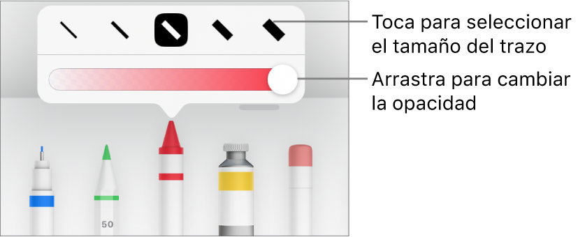 Controles para seleccionar un tamaño de trazo y un regulador para ajustar la opacidad.