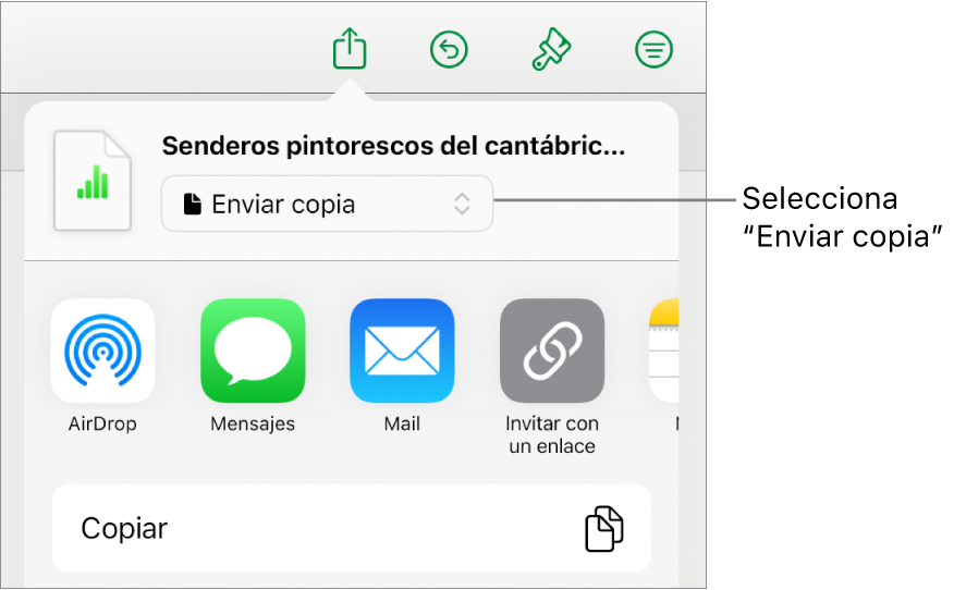 El menú Compartir con la opción “Enviar copia” seleccionada en la parte superior.