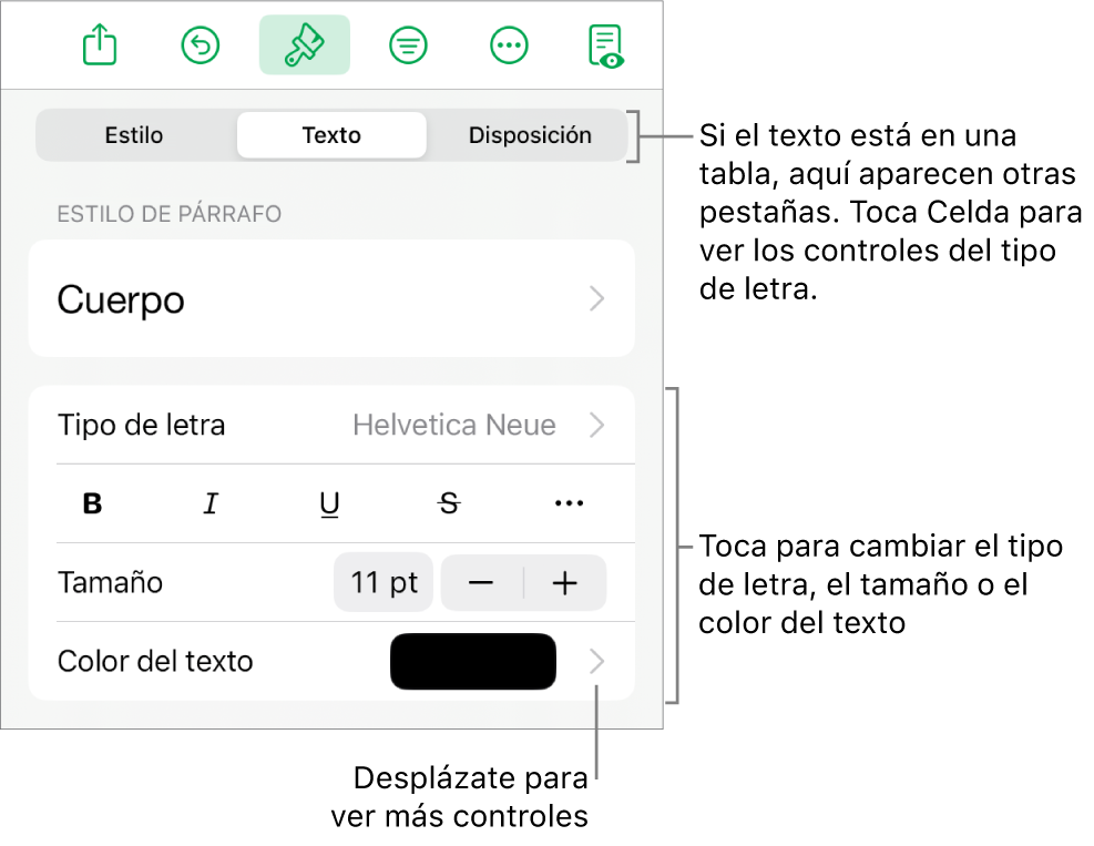 Controles de texto en el menú Formato para configurar los estilos de párrafo y carácter, tipo de letra, tamaño y color.