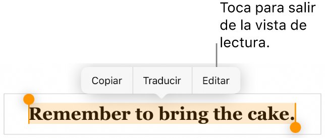 Hay seleccionada una oración y encima de ella aparece un menú contextual con botones Copiar y Editar.