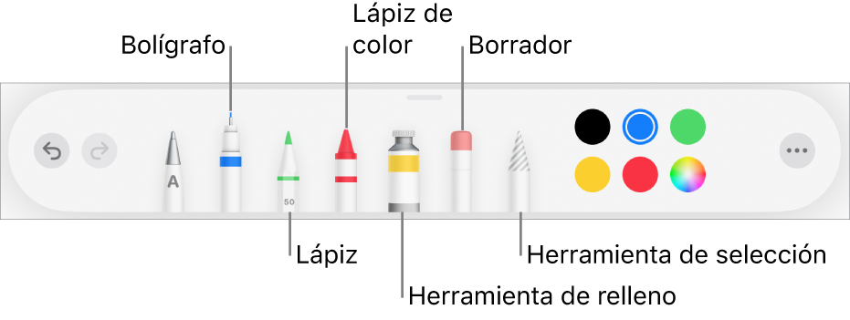 La barra de herramientas de dibujo con un bolígrafo, lápiz, lápiz de color, relleno, borrador, herramienta de selección y paleta de colores, que muestra el color actual. En el extremo derecho se encuentra el botón del menú Más.