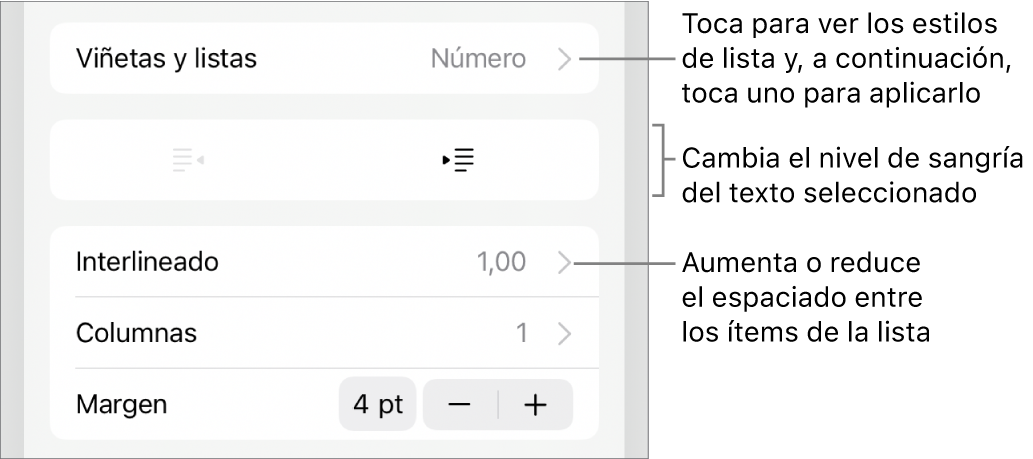 La sección “Viñetas/listas” de los controles de formato con llamadas a “Viñetas/listas”, los botones de sangría o de sangría izquierda, y los controles de interlineado.