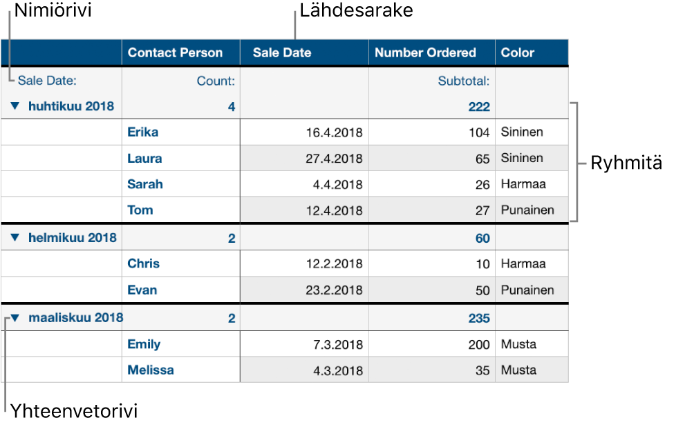 Kategorisoitu taulukko, jossa näkyvät lähdesarake, ryhmät, yhteenvetorivi ja nimiörivi.