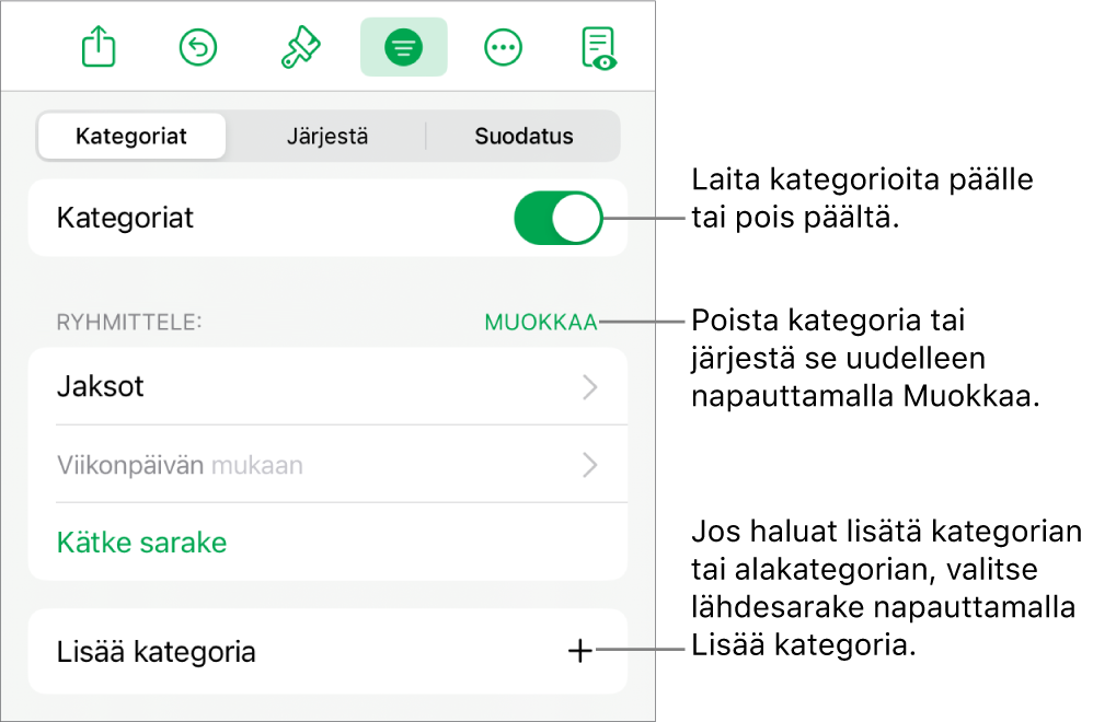 iPadin kategoriavalikko, joka sisältää valinnat kategorioiden laittamiseksi pois päältä ja poistamiseksi, datan ryhmittämiseksi uudelleen, lähdesarakkeen kätkemiseksi ja kategorioiden lisäämiseksi.