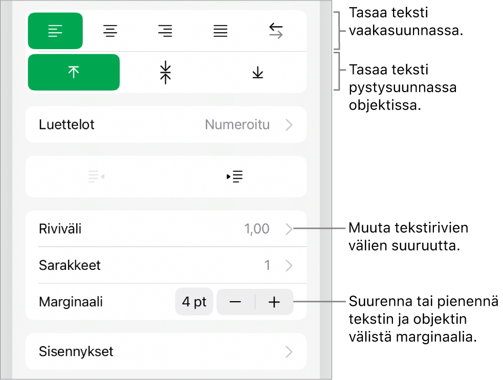 Muoto-inspektorin Asettelu-osio ja tekstin tasaus- ja välistyspainikkeiden selitteet.