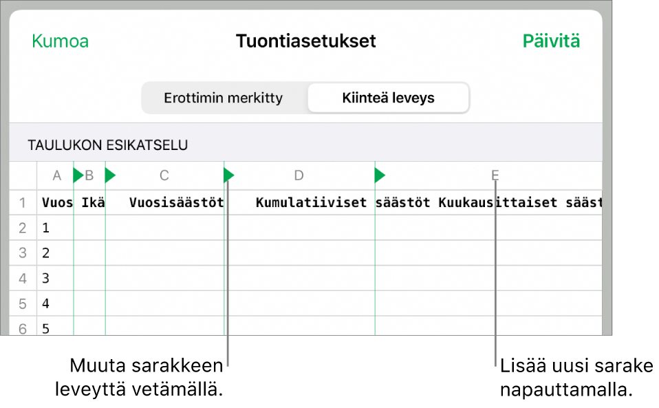 Kiinteän leveyden tekstitiedoston tuontiasetukset.