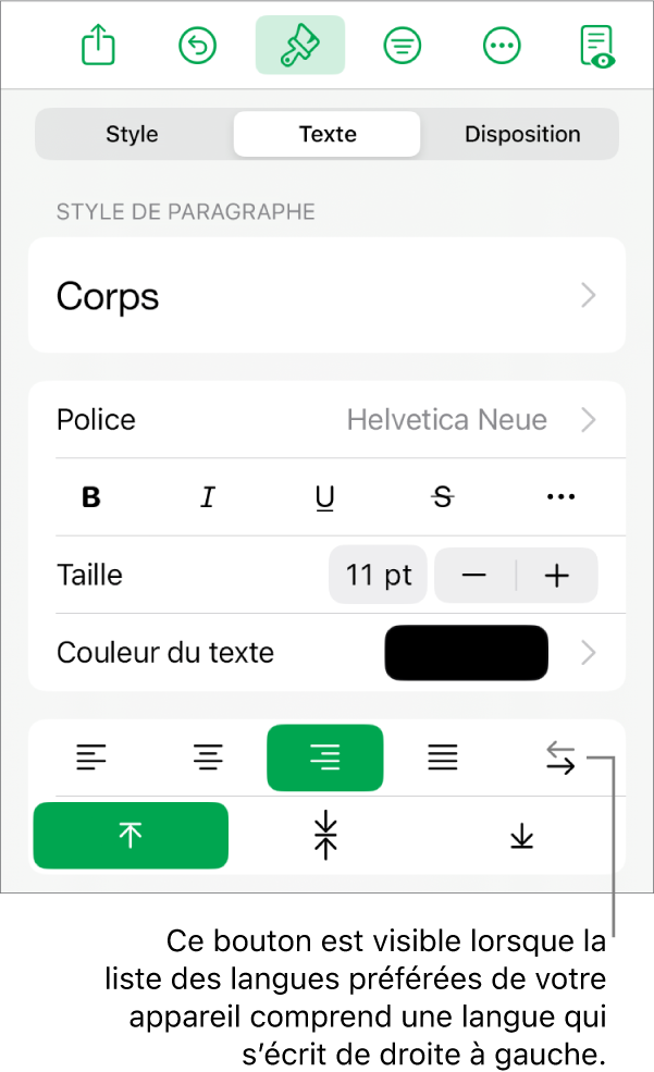 La section Texte du menu Format avec une légende pour le bouton De droite à gauche.