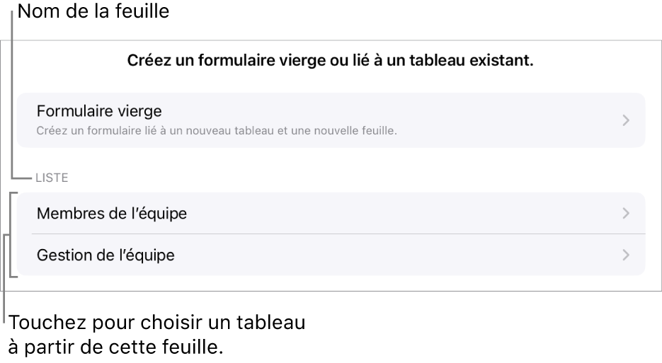 Une liste de tableaux qui se trouvent dans la même feuille de calcul, avec l’option de créer un formulaire vierge en haut.