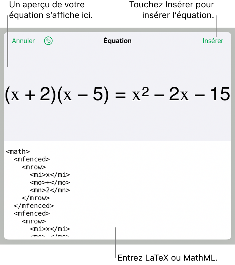 Zone de dialogue Équation, affichant une équation composée à l’aide des commandes MathML et aperçu de la formule au-dessus.