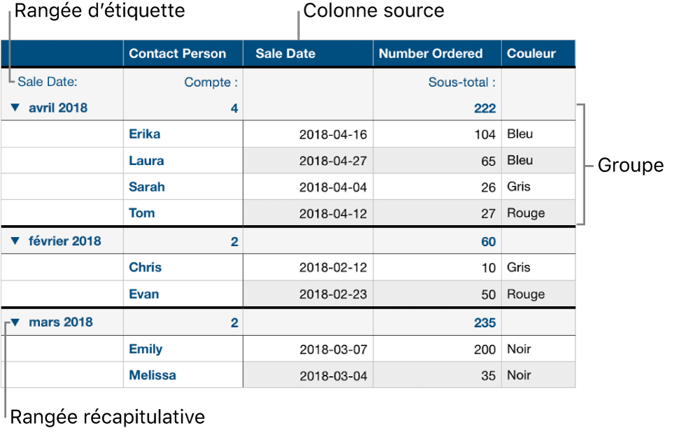 Un tableau catégorisé affichant la colonne source, les groupes, la ligne de résumé et la ligne d’étiquette.