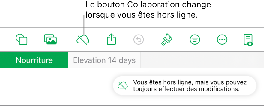 Les boutons en haut de l’écran, avec le bouton Collaboration remplacé par un nuage barré d’une ligne diagonale. Une alerte à l’écran indique « Vous êtes hors ligne, mais vous pouvez toujours effectuer des modifications ».