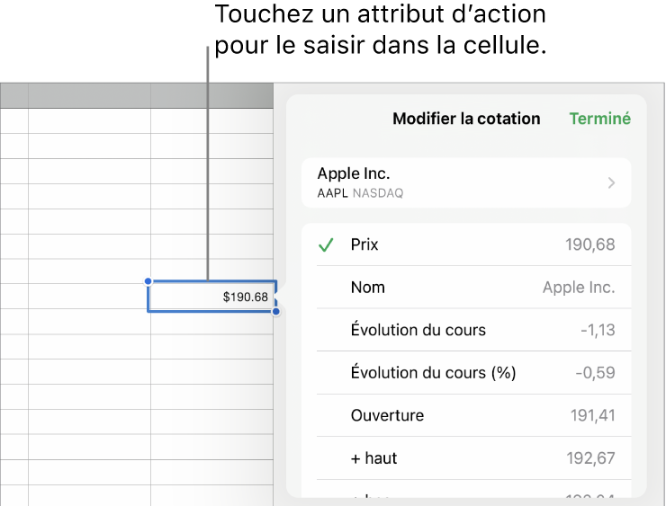 Fenêtre surgissante Cotation, le nom de l’action apparaissant en haut et les attributs d’action sélectionnables, notamment le cours, le nom du cours, son évolution, cette évolution en pourcentage, le cours à l’ouverture et le cours le plus haut apparaissant en bas.