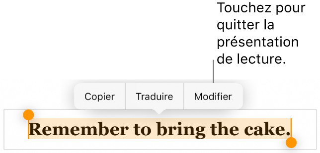 Une phrase est sélectionnée. Au-dessus de celle-ci s’affiche un menu contextuel avec les boutons Copier et Modifier.