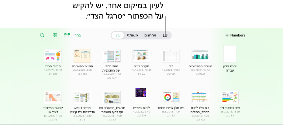 תצוגת העיון של מנהל גיליונות העבודה עם קישור למיקום בפינה הימנית העליונה ומתחתיו שדה חיפוש. בפינה השמאלית העליונה רואים את הכפתור ״הוסף גיליון עבודה״; את הכפתור ״תיקיה חדשה״; תפריט קופצני לבחירת תצוגת רשימה או סמלים ולסינון לפי שם, תאריך, גודל, סוג ותג; ואת הכפתור ״בחר״. מתחת לפקדים אלה ישנן תמונות ממוזערות של גיליונות עבודה קיימים.