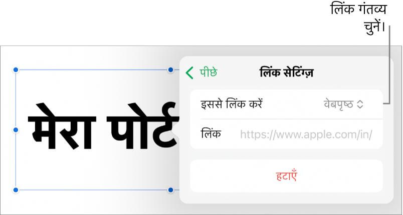 चुने गए वेबपृष्ठ के साथ लिंक सेटिंग्ज़ नियंत्रण और सबसे नीचे “लिंक हटाएँ” बटन।