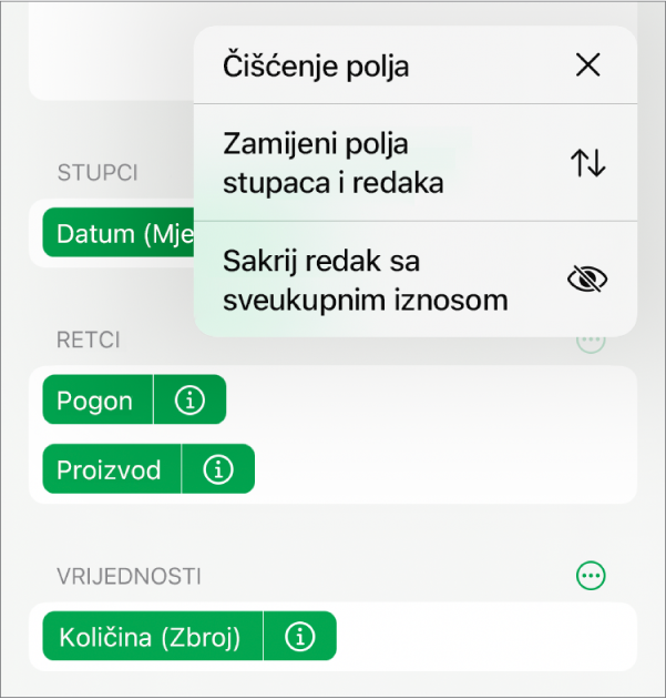 Izbornik Više opcija polja prikazuje naredbe za skrivanje sveukupnih vrijednosti, zamjenu polja stupaca i redaka i čišćenje polja.