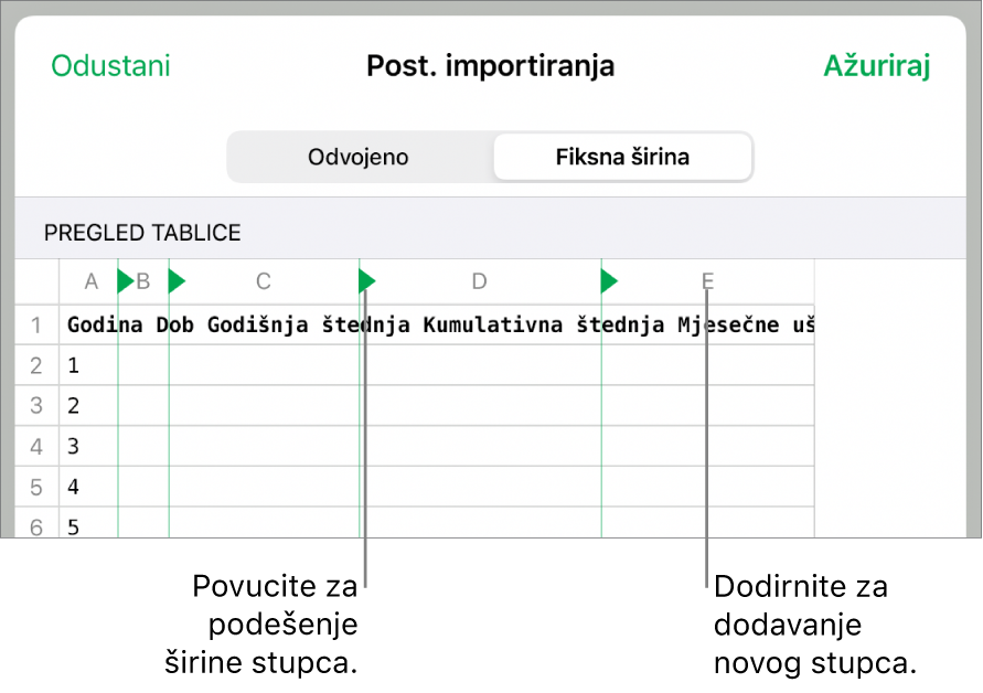 Postavke importiranja za tekstualnu datoteku fiksne širine.