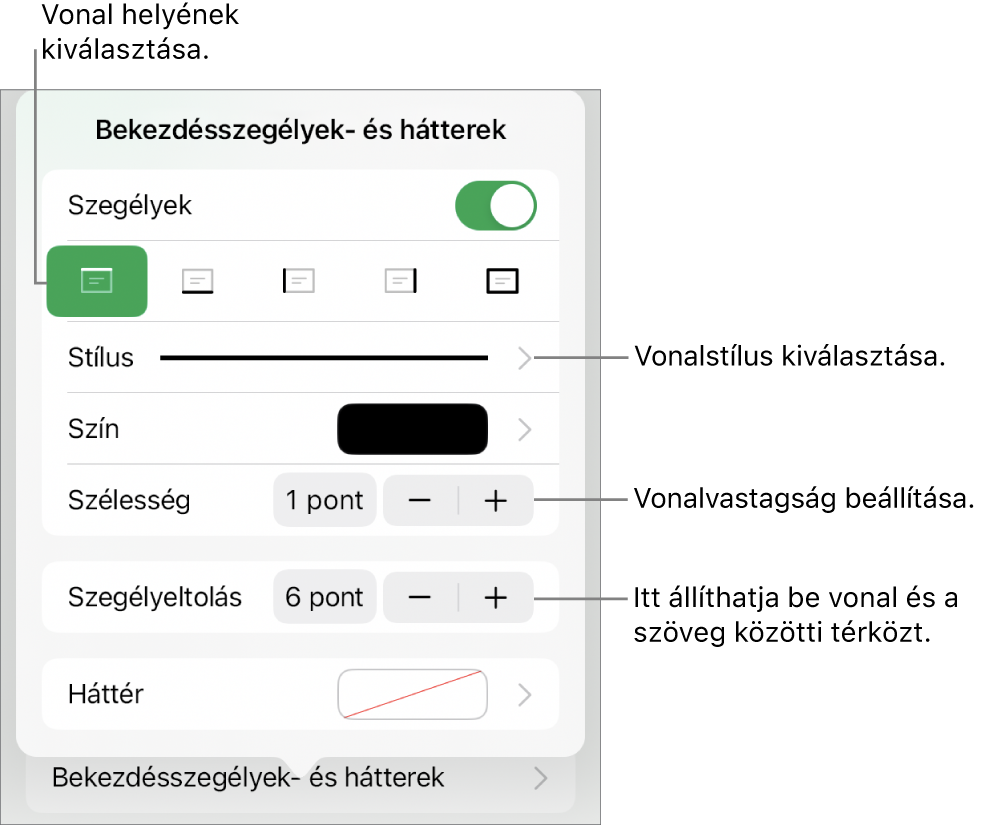 Vezérlők a vonal stílusának, vastagságának, helyének és színének módosításához.