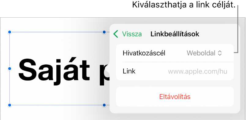 A Linkbeállítások vezérlői a kijelölt Weboldal elemmel, illetve az alul megjelenő Eltávolítás gombbal.