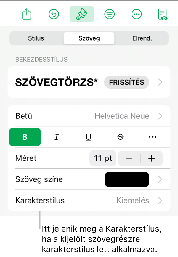 A Szövegformázás vezérlők a Karakterstílussal a Színek vezérlői alatt. A Nincs karakterstílus látható egy csillag szimbólummal.