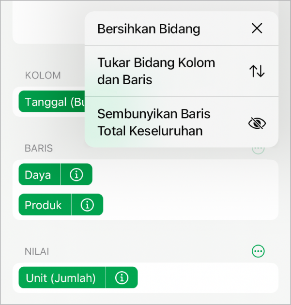 Menu Pilihan Bidang Lainnya, menampilkan kontrol untuk menyembunyikan total keseluruhan, menukar bidang kolom dan baris, dan membersihkan bidang.