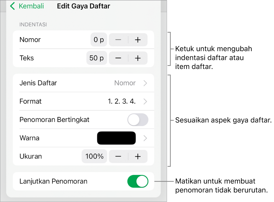 Menu Edit Gaya Daftar untuk spasi indentasi, jenis dan format daftar, penomoran bertingkat, warna dan ukuran daftar, serta penomoran berkelanjutan.