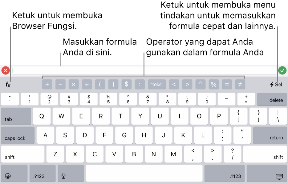 Papan ketik formula, dengan Editor Formula di bagian atas, dan operator digunakan dalam formula di bawahnya. Tombol Fungsi untuk membuka Browser Fungsi berada di kiri operator, dan tombol menu Tindakan berada di kanan.