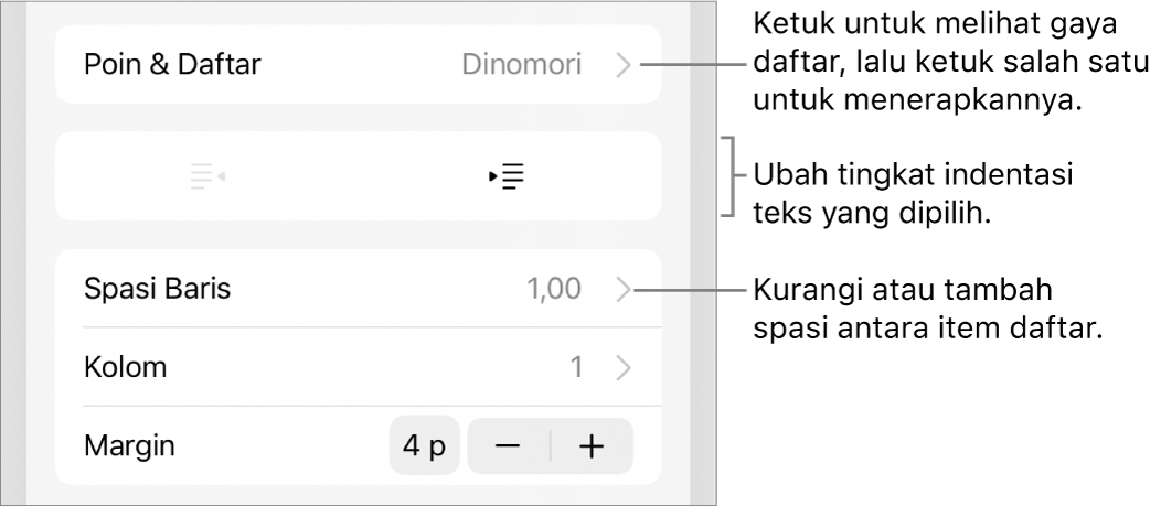 Bagian Poin & Daftar dari kontrol Format dengan keterangan ke Poin & Daftar, tombol indentasi luar dan indentasi dalam, serta kontrol spasi baris.