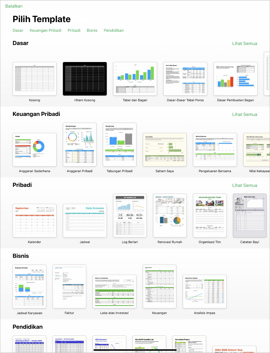 Pemilih template, menampilkan baris kategori di sepanjang bagian atas yang dapat Anda ketuk untuk memfilter pilihan. Di bawah adalah gambar mini template yang dirancang sebelumnya yang diatur menurut kategori, dimulai dengan Terbaru di bagian atas dan diikuti oleh Dasar dan Keuangan Pribadi. Tombol Lihat Semua muncul di atas dan di sebelah kanan setiap baris kategori.