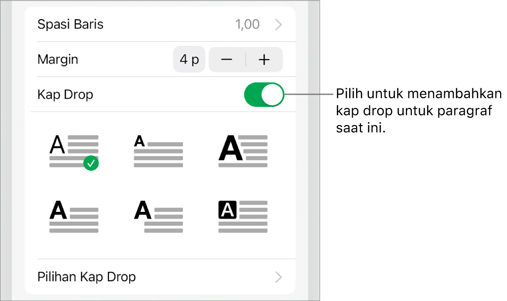 Kontrol Kap Drop terletak di menu Teks.