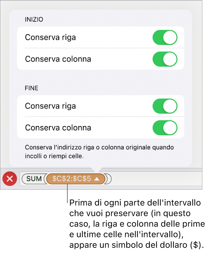 Controlli per specificare quali riferimenti di riga e colonna di una cella mantenere se la cella viene spostata o copiata. Il simbolo del dollaro compare davanti a ciascuna parte del riferimento di intervallo che desideri conservare.