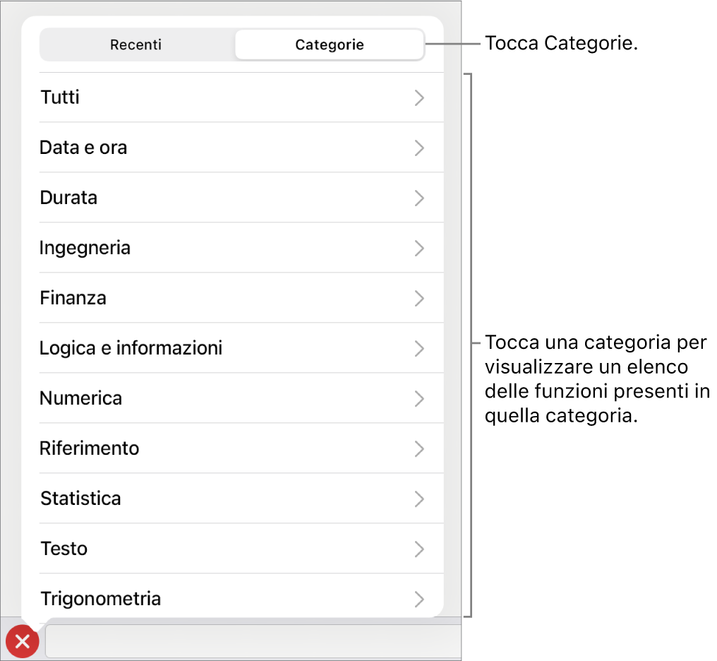 Il browser funzioni con il pulsante Categorie selezionato e l’elenco delle categorie sotto.