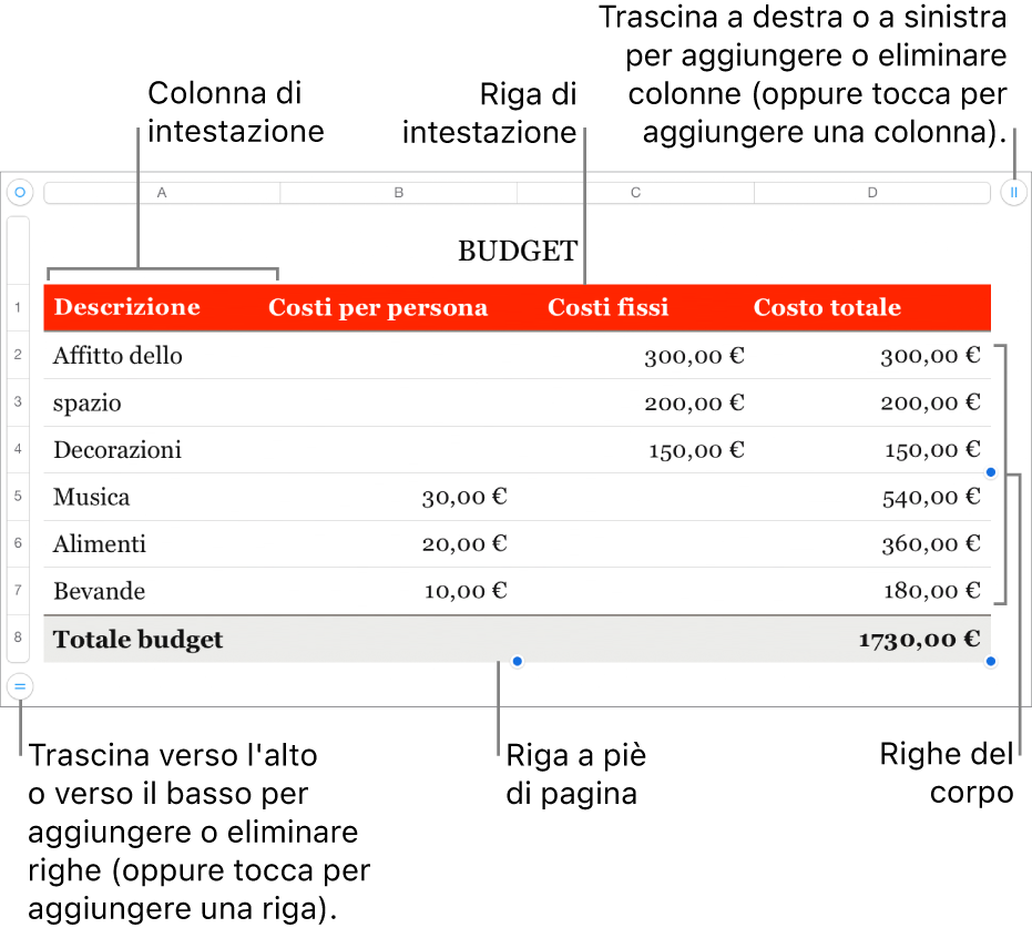 Tabella con righe e colonne di intestazione, corpo e piè di pagina, nonché le maniglie per aggiungere o eliminare righe o colonne.