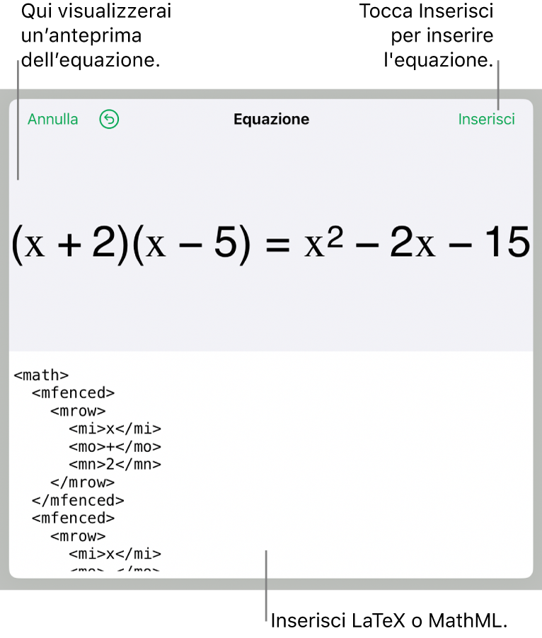 La finestra di dialogo Equazione che mostra l’equazione scritta tramite comandi MathML e un’anteprima della formula di cui sopra.