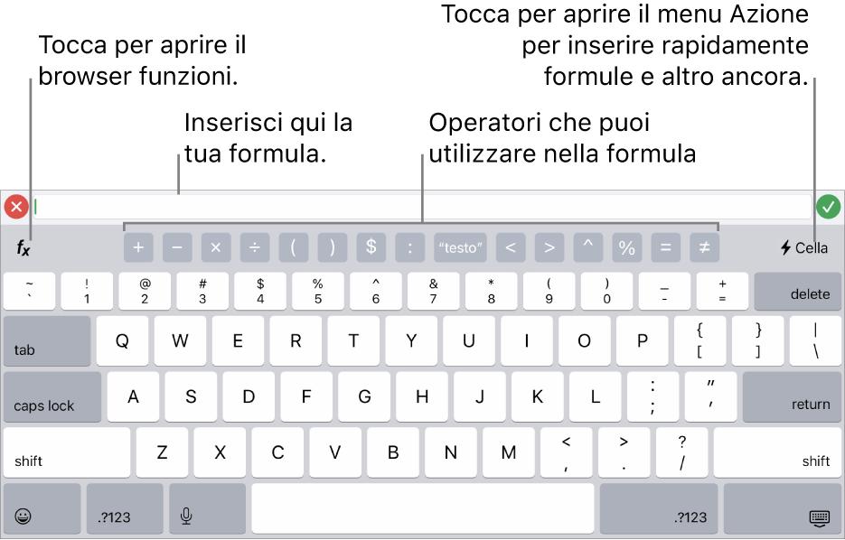 La tastiera delle formule con “Editor formule” nella parte superiore e gli operatori utilizzati nelle formule sotto di esso. Il pulsante Funzioni per aprire il browser funzioni si trova a sinistra degli operatori e il pulsante del menu Azione si trova sulla destra.