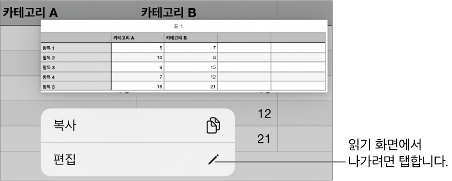 표 셀이 선택되어 있고 그 위에 복사하기 및 편집 버튼이 있는 메뉴가 있음.