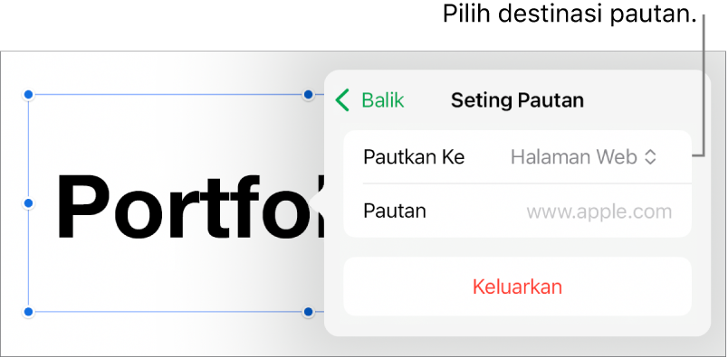 Kawalan Seting Pautan dengan Halaman Web dipilih dan butang Keluarkan di bahagian bawah.